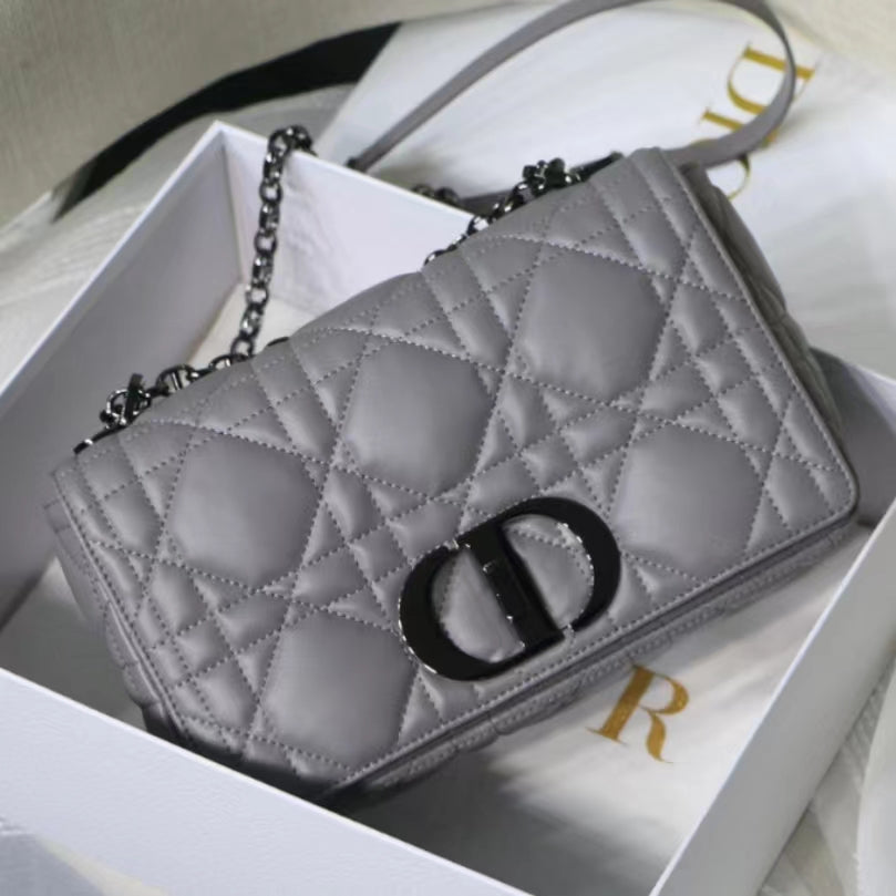 Dior Caro Small Bag In Gray Cannage Calfskin