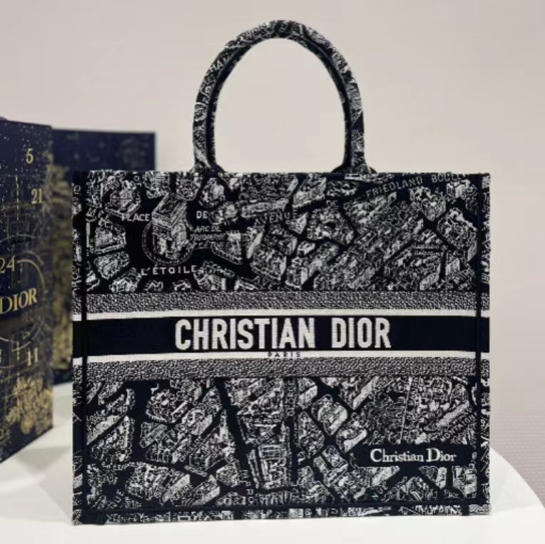 Dior Large Paris Map Pattern Tote Bag In Black With Toile de Jouy Reverse Embroidery