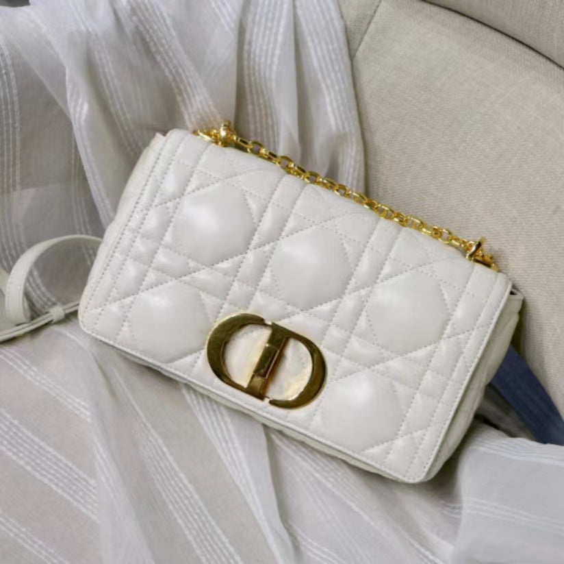 Dior Caro Small Bag In White Cannage Calfskin With Gold Hardware