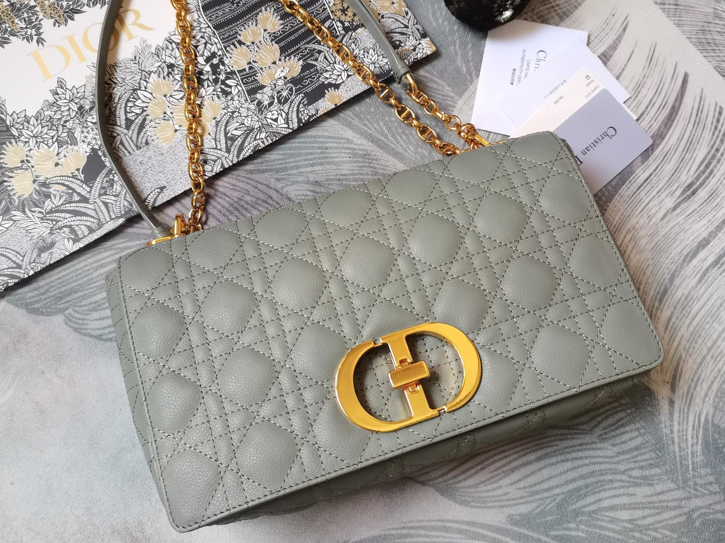 Dior Caro Large Bag In Light Gray Cannage Calfskin