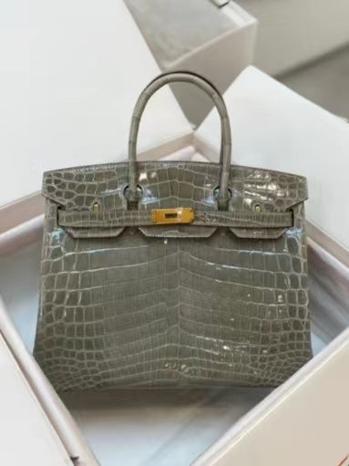 Hermes Birkin 30 Gray Shiny Crocodile Leather Bag