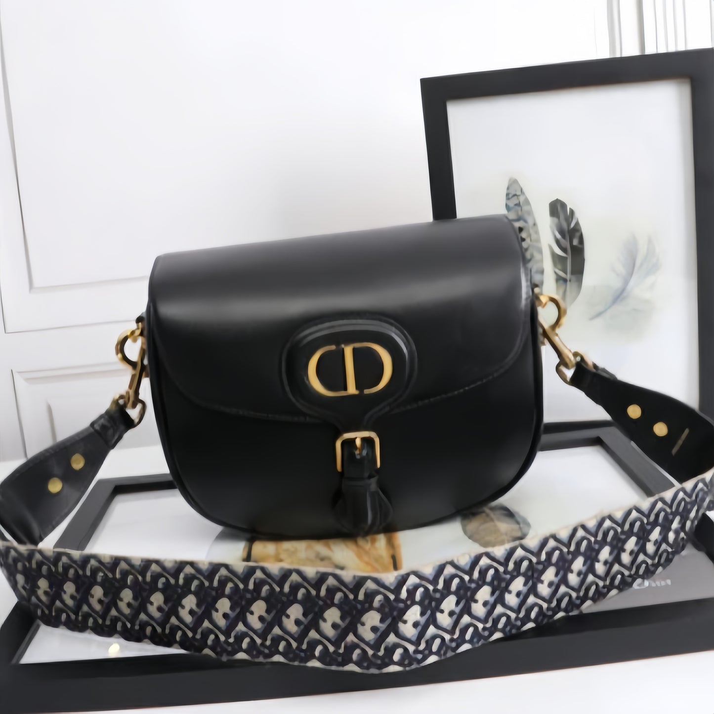 Dior Bobby Large Wide Shoulder Strap Bag In Black Calfskin