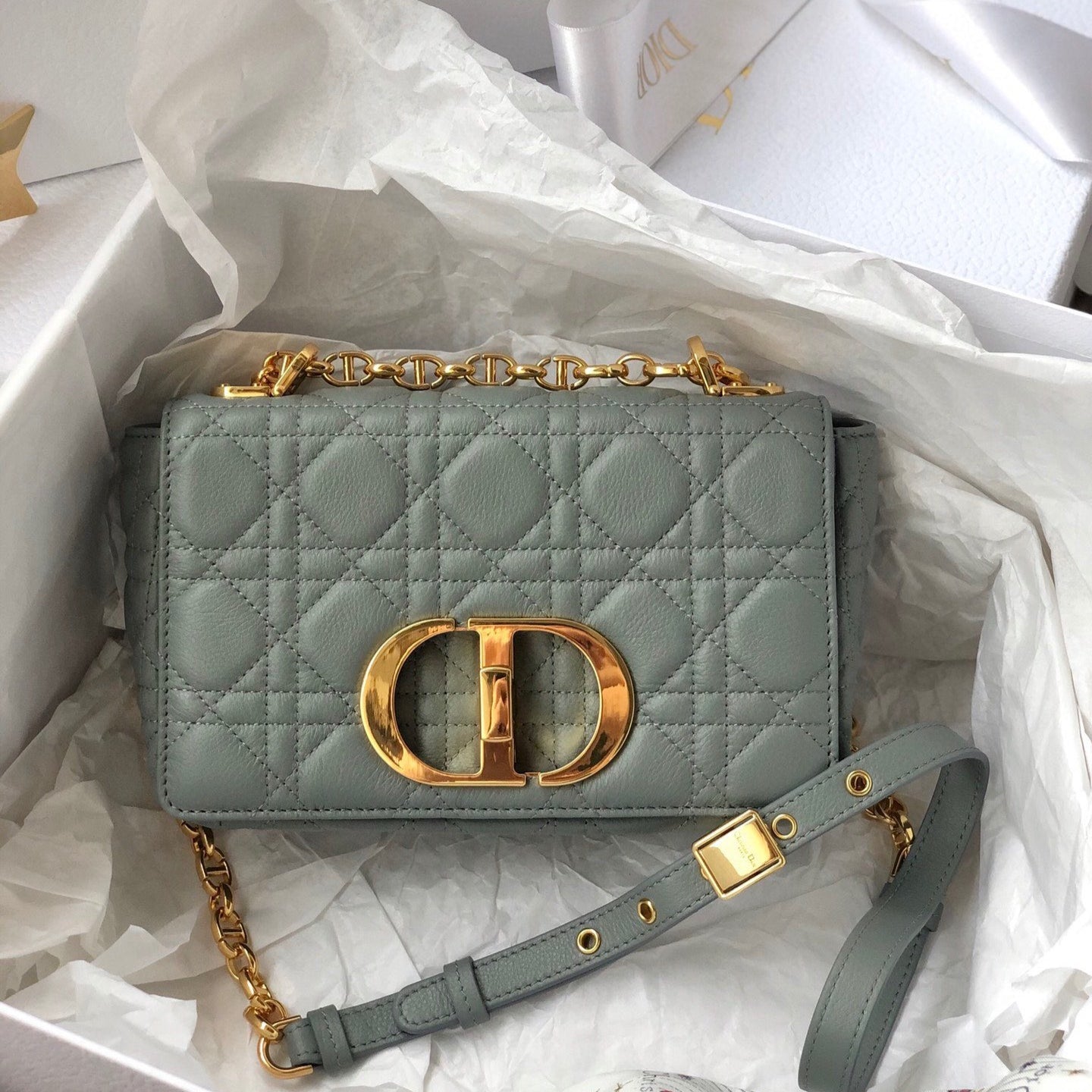 Dior Caro Small Bag In Light Green Cannage Calfskin