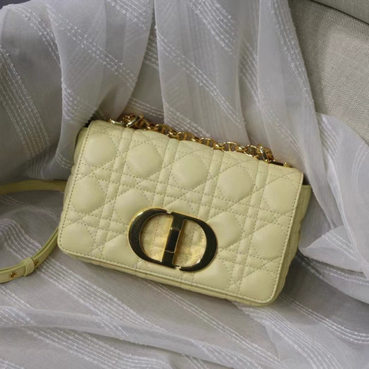 Dior Caro Small Bag In Yellow Cannage Calfskin With Gold Hardware