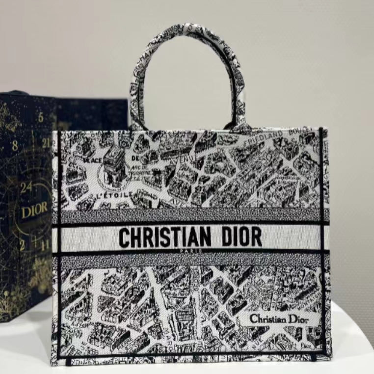 Dior Large Paris Map Pattern Tote Bag In Black And White With Toile de Jouy Reverse Embroidery