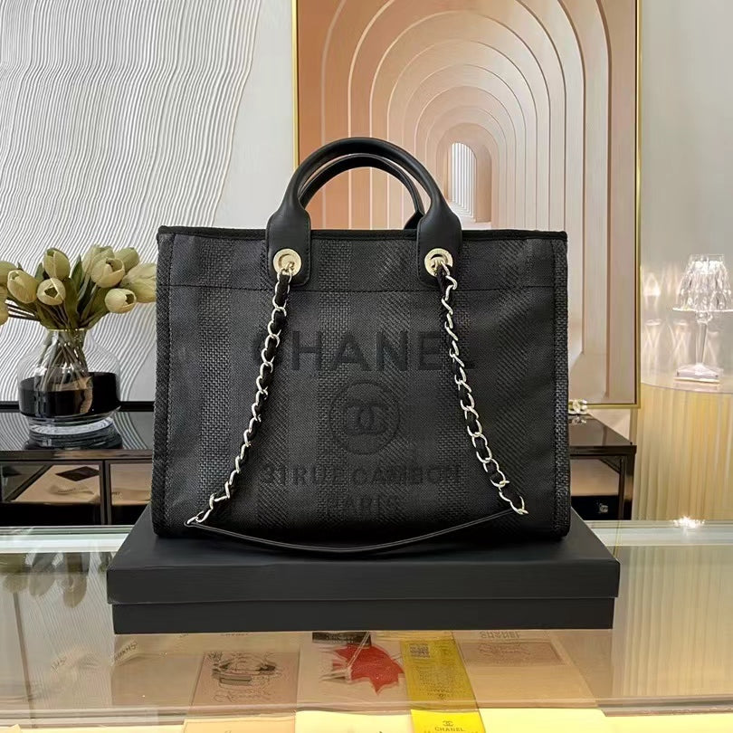 CHANEL Beach Canvas Tote Bag In Black With Leather Strap