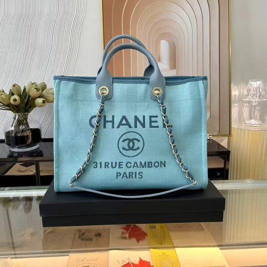 CHANEL Beach Canvas Tote Bag In Blue With Leather Strap