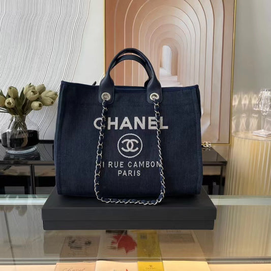 CHANEL Beach Canvas Tote Bag In Dark Blue With Leather Strap