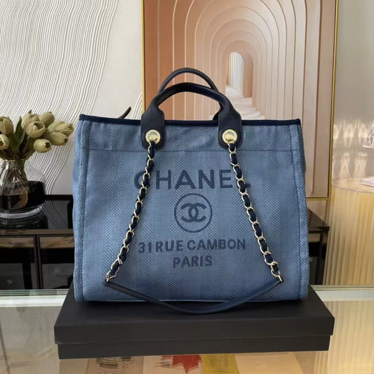 CHANEL Beach Canvas Tote Bag In Denim Blue With Blue Leather Strap