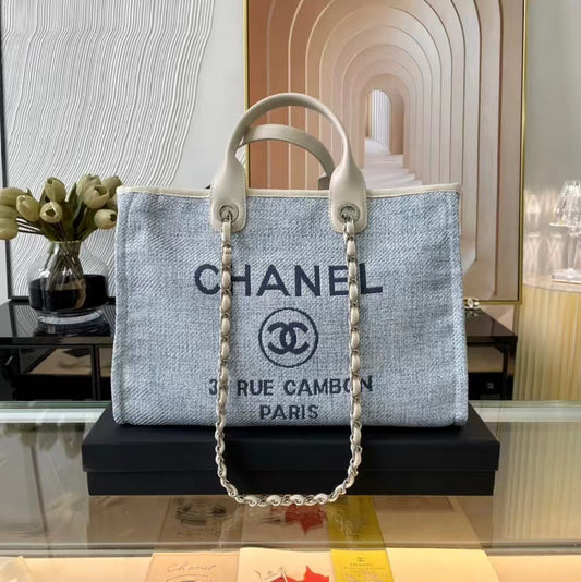 CHANEL Beach Canvas Tote Bag In Light Blue With White Leather Strap