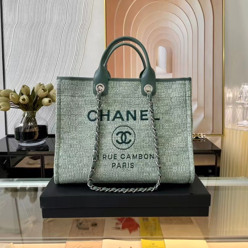 CHANEL Beach Canvas Tote Bag In Green With Green Leather Strap