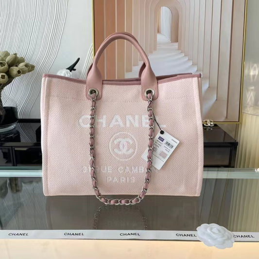 CHANEL Beach Canvas Tote Bag In Light Pink With Pink Leather Strap