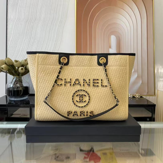 CHANEL Beach Tote Bag In Light Yellow with Gold Tone Chain Link