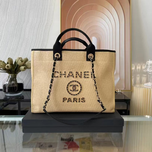 CHANEL Beach Tote Bag In Beige with Black Leather Straps