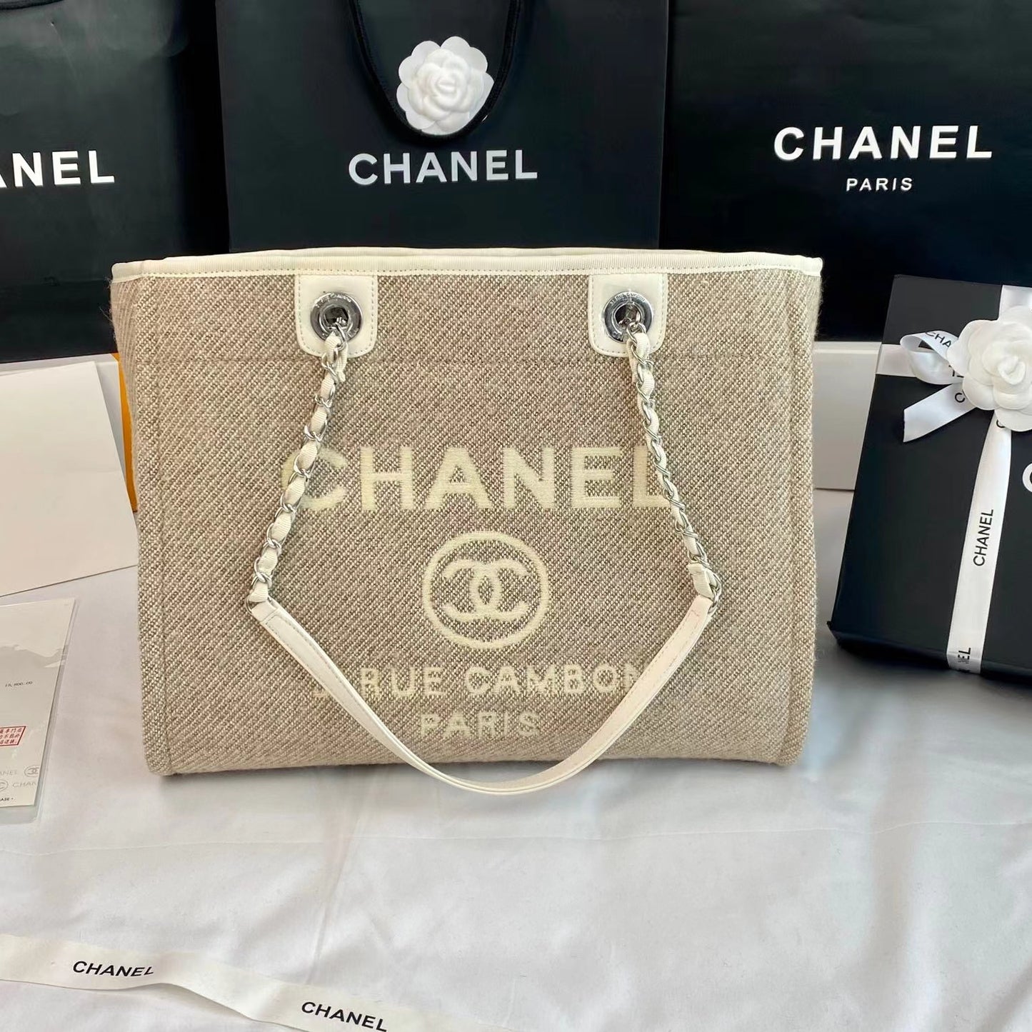 CHANEL Beach Canvas Tote Bag In Gray With Silver Tone Chain Link