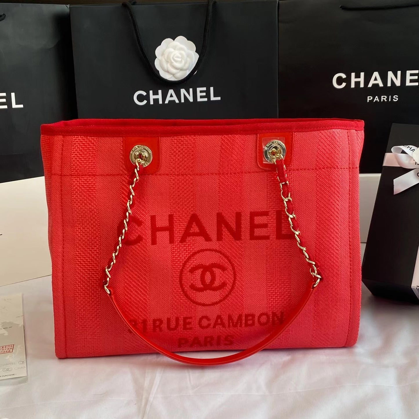 CHANEL Beach Canvas Tote Bag In Red With Gold Tone Chain Link