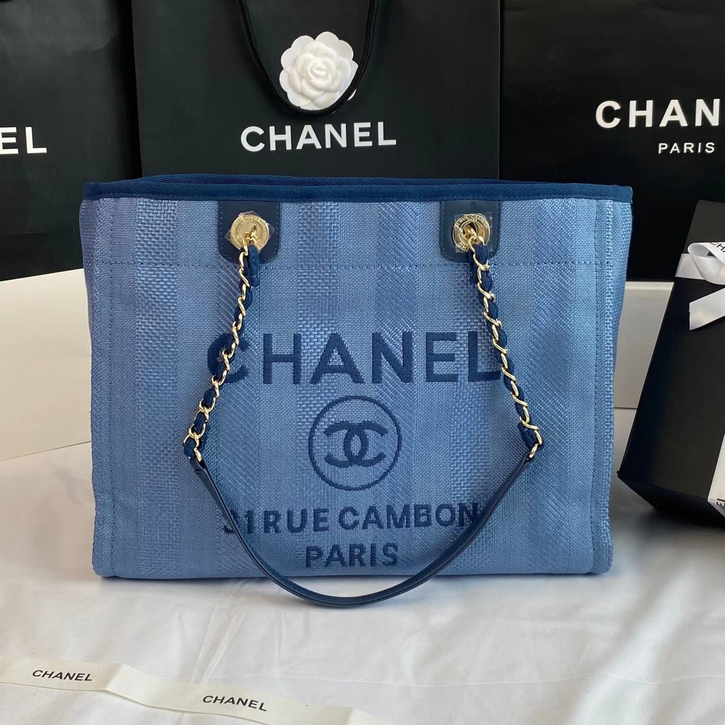 CHANEL Beach Canvas Tote Bag In Light Blue With Gold Tone Chain Link