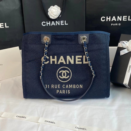 CHANEL Beach Canvas Tote Bag In Dark Blue With Gold Tone Chain Link