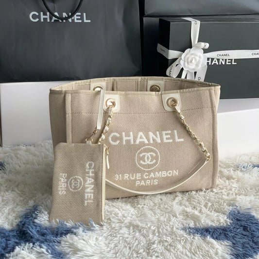 CHANEL Beach Canvas Tote Bag In Gold Tone Chain Link with Beige Shoulder Straps