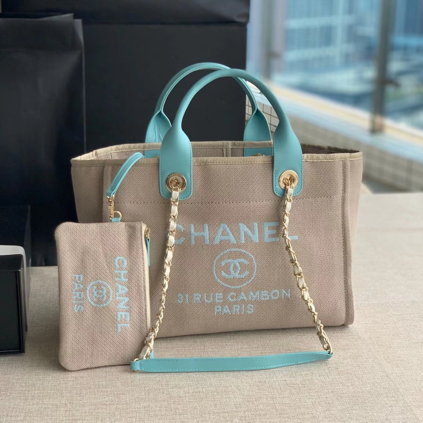 CHANEL Beach Canvas Tote Bag In Beige with Blue Shoulder Straps