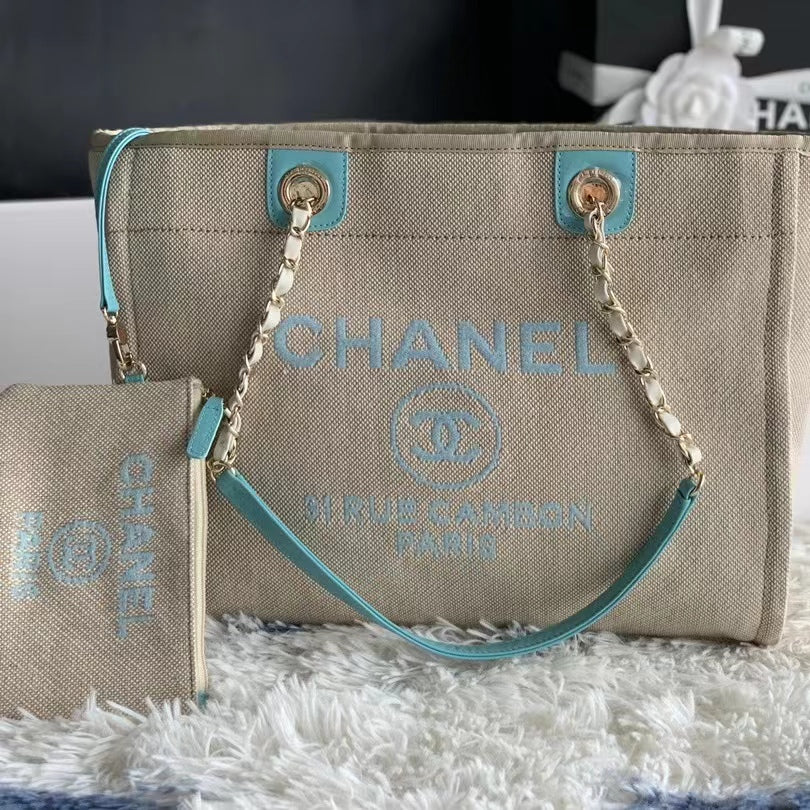 CHANEL Beach Canvas Tote Bag In Gold Tone Chain Link with Blue Shoulder Straps