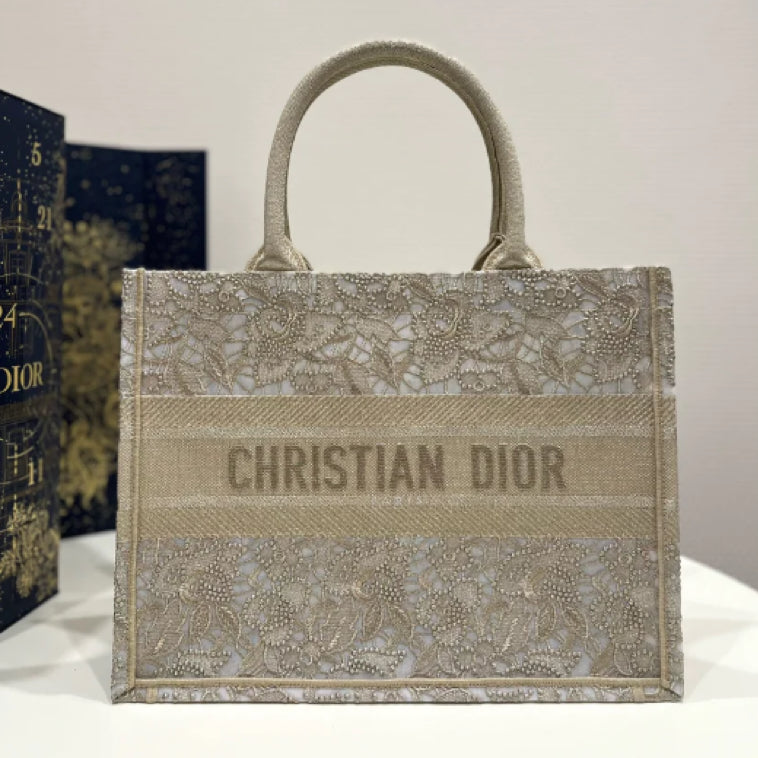 Dior's New Lace Style 3D Three-Dimensional Brown Embroidery Series Medium Tote Bag