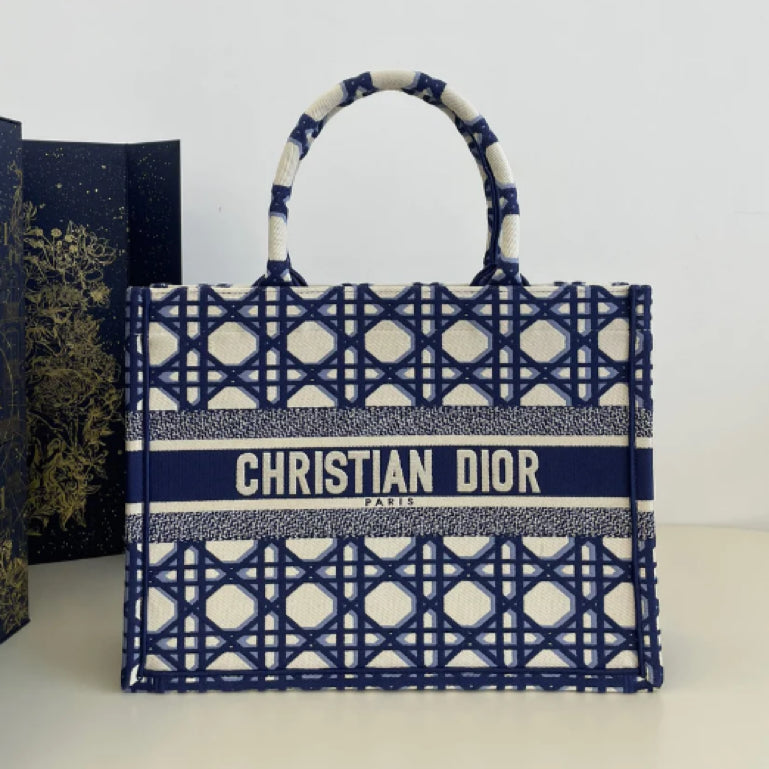 Dior Diamond Blue And White Color Block  Embroidery Series Medium Tote Bag