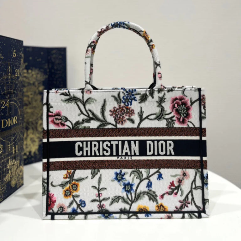 Dior White Fleur-De-Lis Embroidery Series Medium Tote Bag