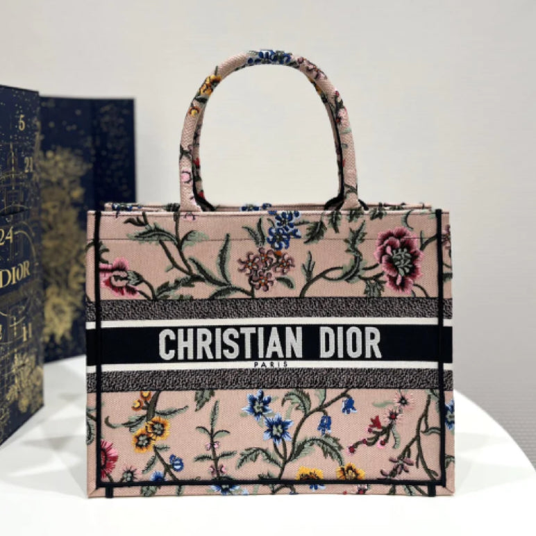 Dior Pink Fleur-De-Lis Embroidery Series Medium Tote Bag