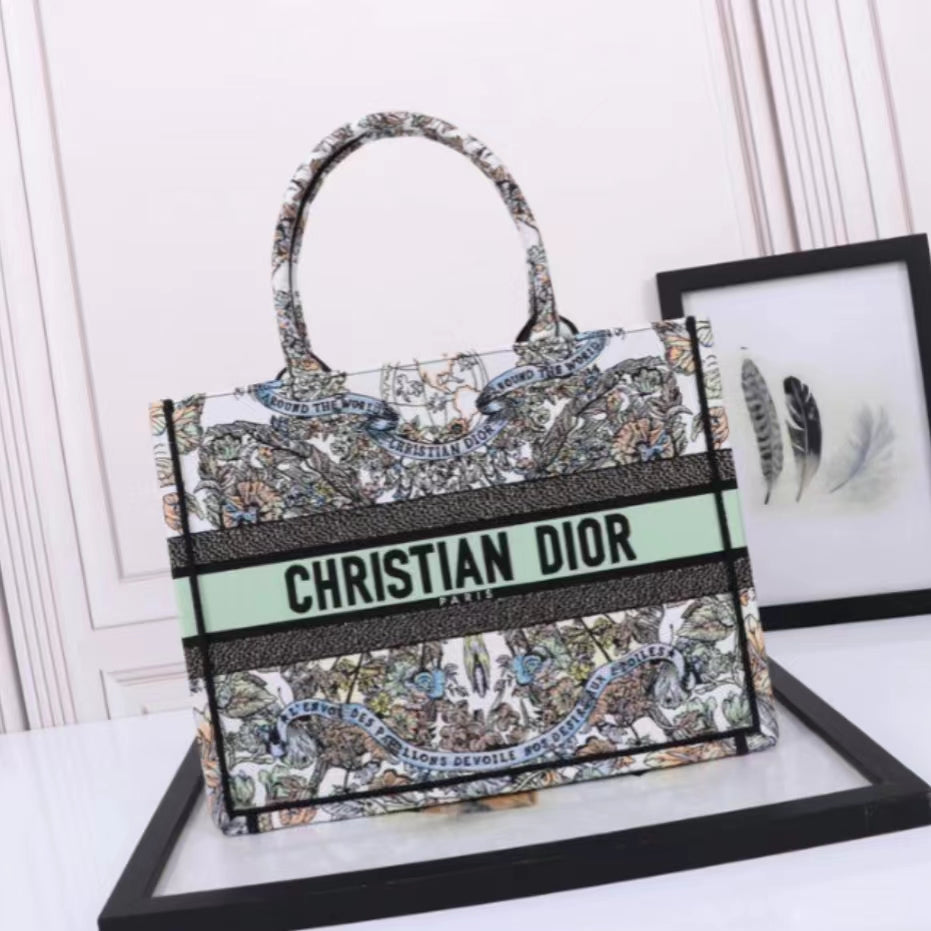 Dior Butterfly Flying Green Embroidery Series Medium Tote Bag