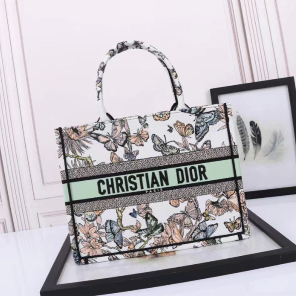 Dior Green Ruy Print  Embroidery Series Medium Tote Bag