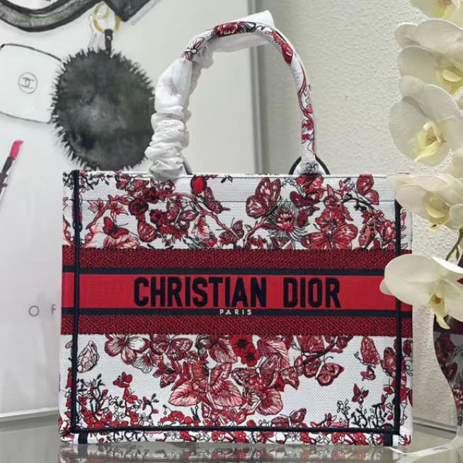 Dior Red Butterfly Embroidery Series Medium Tote Bag