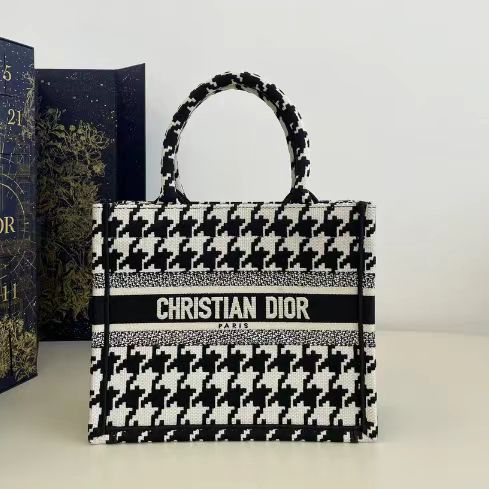 Dior Black and White Houndstooth Embroidery Series Small Tote Bag