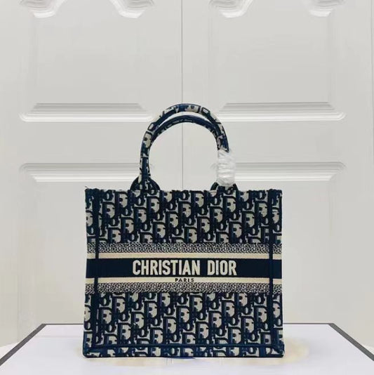 Dior Classic Navy Blue Old Flower Embroidery Series Small Tote Bag