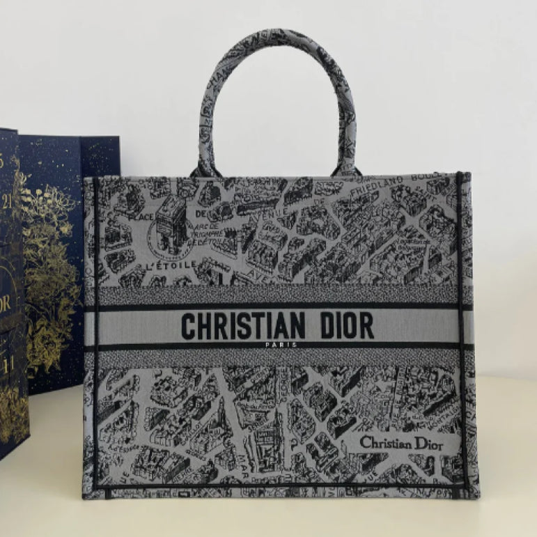 Dior Large Paris Map Pattern Tote Bag In Toile de Jouy Reverse Embroidery