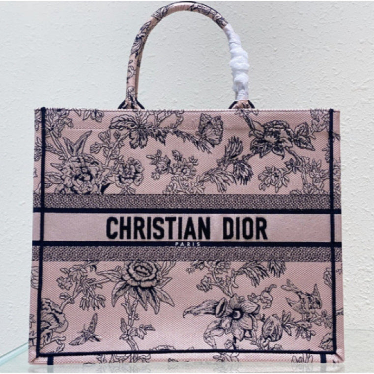 Dior large Pink Rose Book Tote Bag with Toile de Jouy embroidery on the reverse