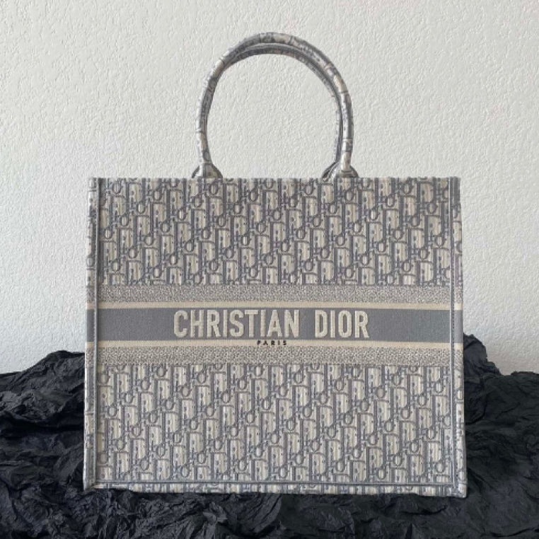 Dior Large Gray Presbyopia Book Tote Bag With Toile de Jouy Reverse Embroidery