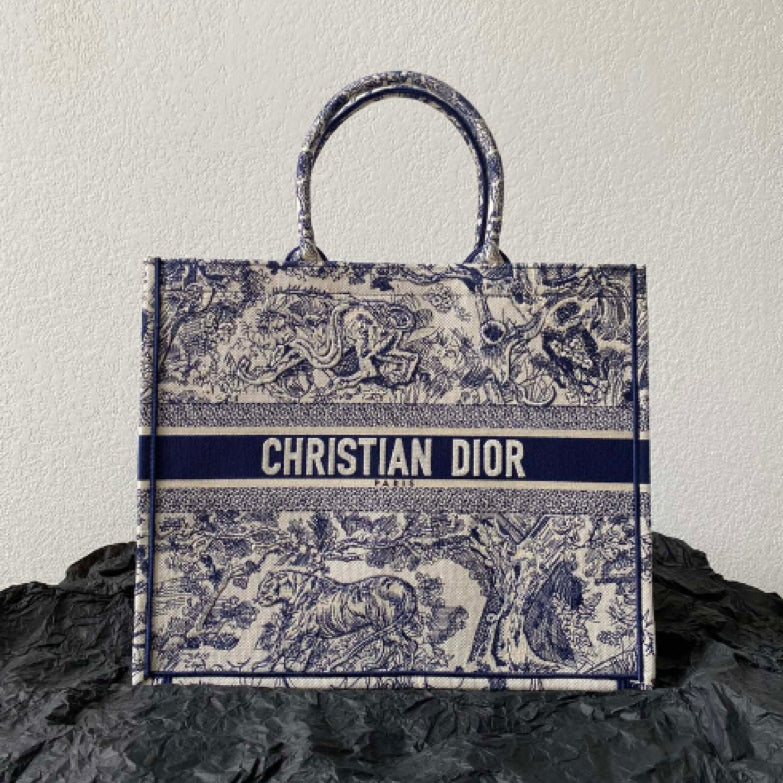 Dior Large Book Tote Bag In Blue Toile de Jouy Reverse Embroidery