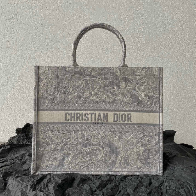 Dior Large Book Tote Bag In Gray Toile de Jouy Reverse Embroidery