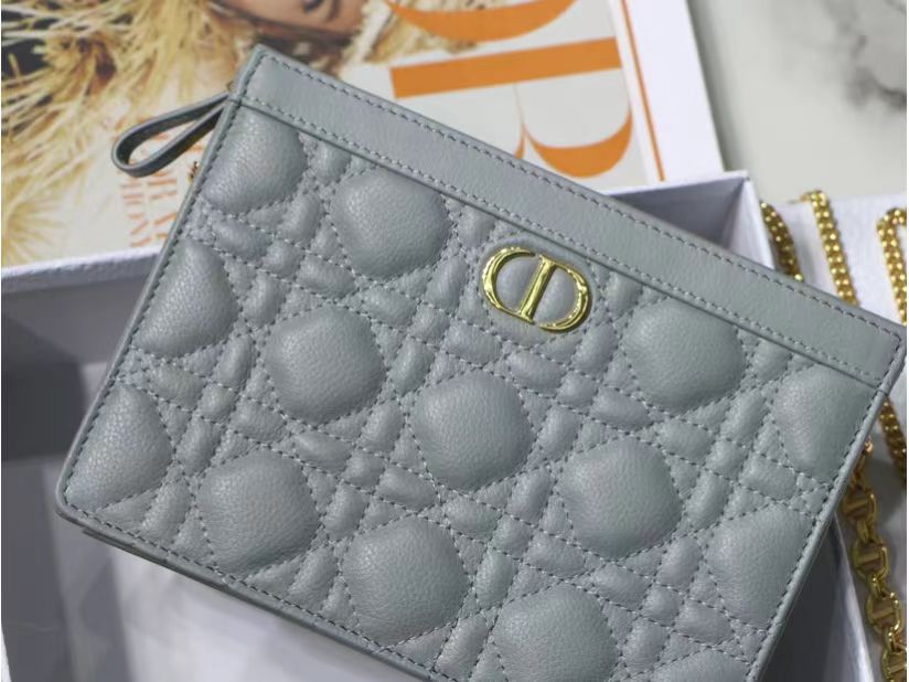 Dior Small Caro Daily Pouch In Gray With Calfskin