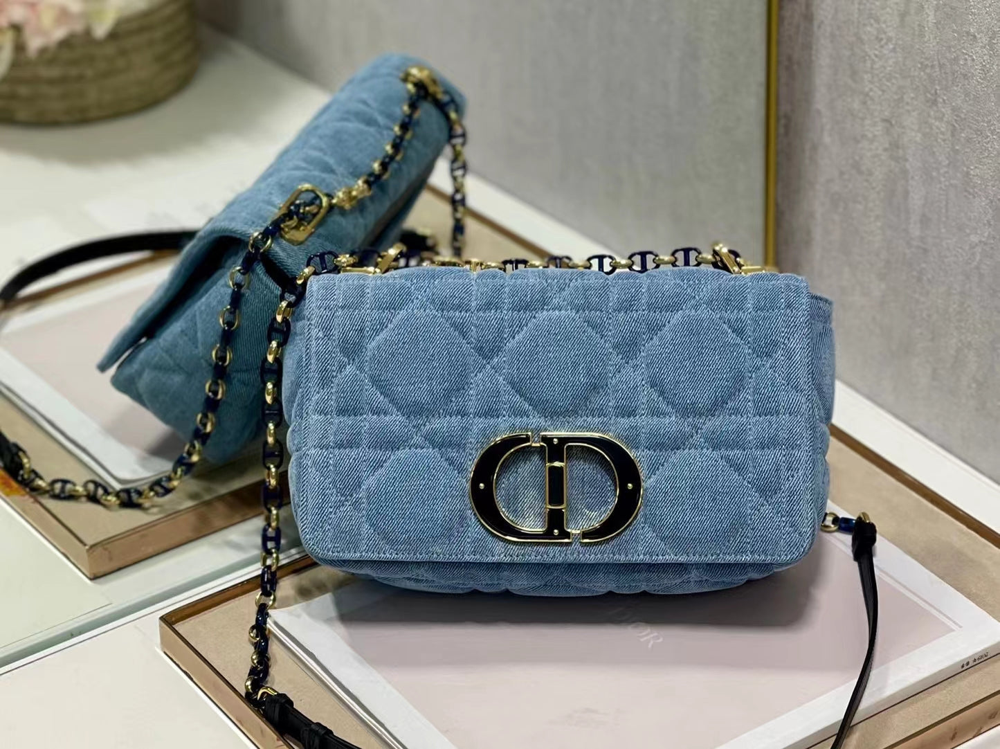 Dior Caro Medium Bag In Blue Jean Cannage Calfskin