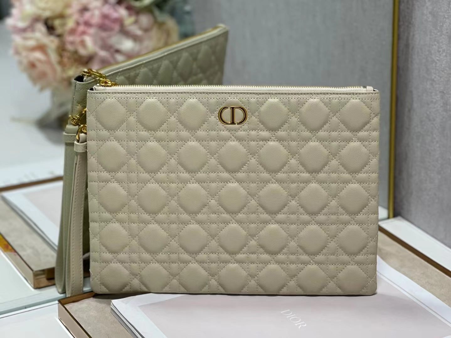 Dior Large Caro Daily Pouch In Beige With Calfskin