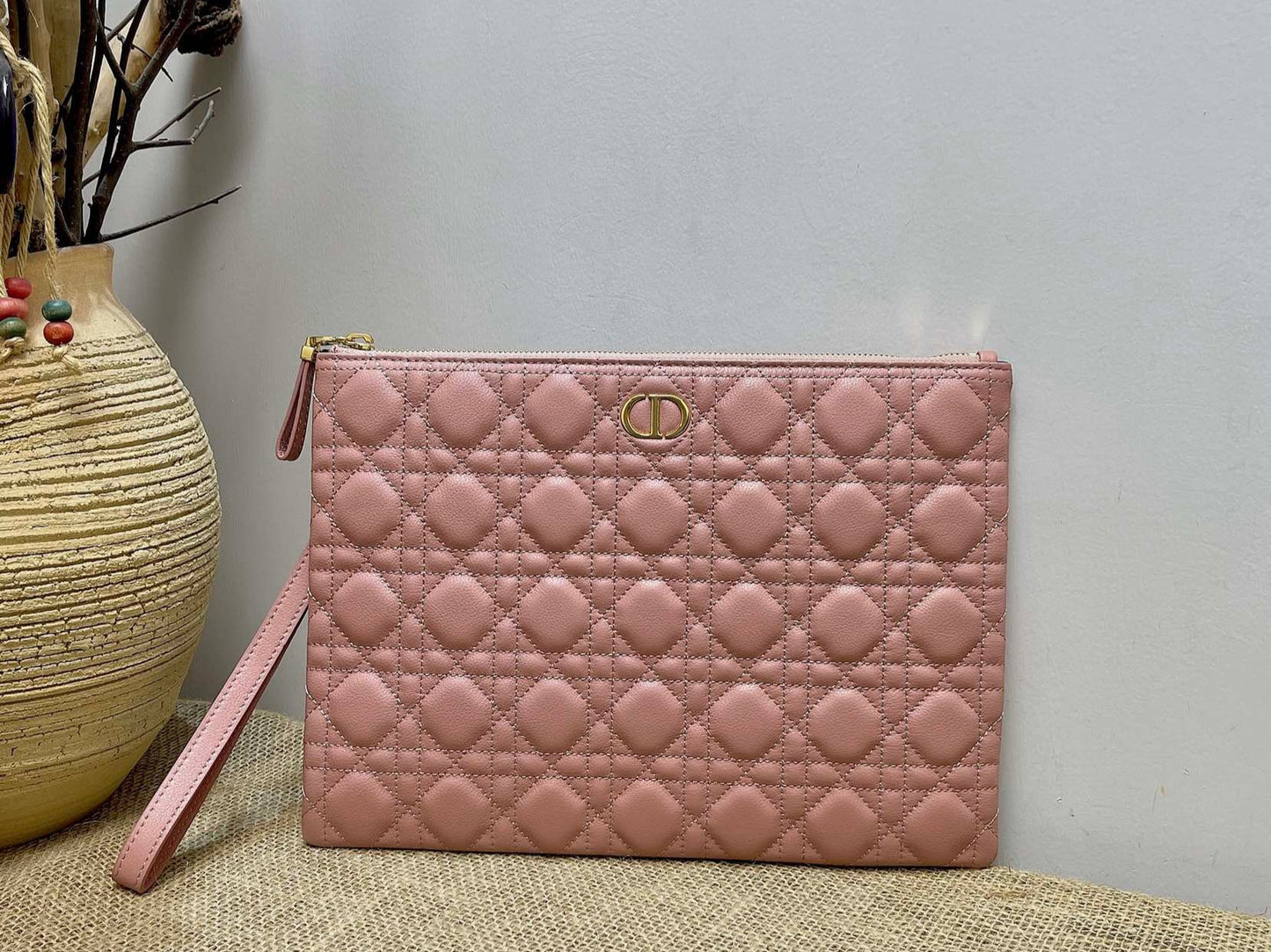 Dior Large Caro Daily Pouch In Pink With Calfskin