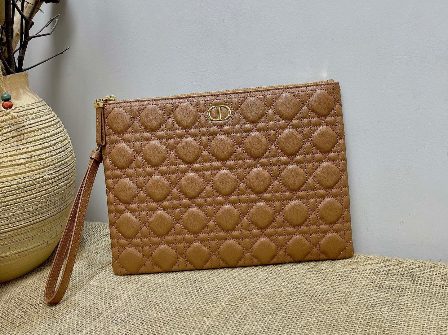 Dior Large Caro Daily Pouch In Brown With Calfskin