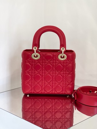 Dior Small Lady  Bag In Red Cannage Lambskin