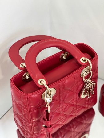 Dior Small Lady  Bag In Red Cannage Lambskin