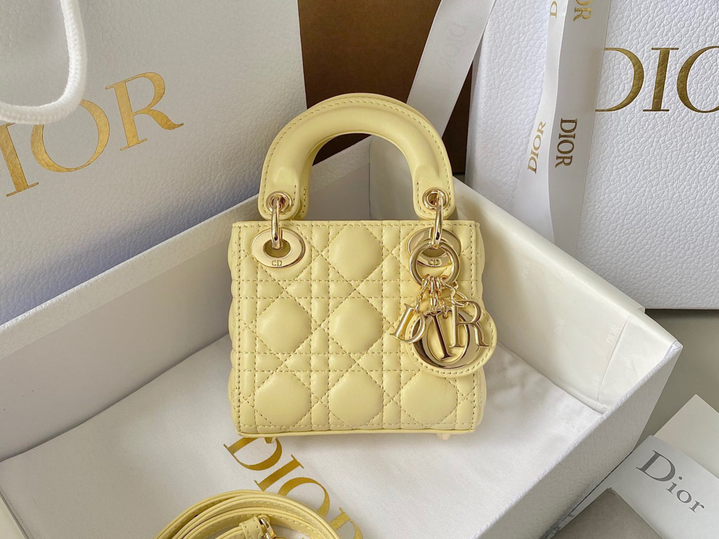 Dior Lady Dior Mini Chain Bag With Chain In Jaune Poussin Calfskin