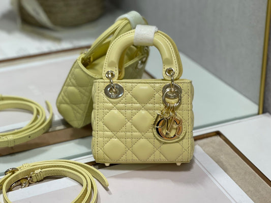 Dior Lady Dior Mini Chain Bag With Chain In Light Yellow Calfskin