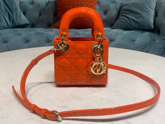 Dior Lady Dior Mini Chain Bag with Chain in Orange Patent Calfskin