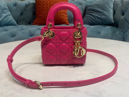 Dior Lady Dior Mini Chain Bag with Chain in Rose Red Patent Calfskin